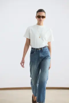 YÜKSEK BEL DÜZ PAÇA KOT PANTOLON ORTA MAVİ