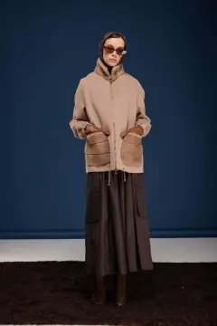 YEŞİM ÖZCAN CEP DETAYLI ETEK KAHVE