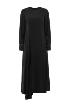 ZEMS BONCUKLU SİYAH CUPRO UZUN ELBİSE