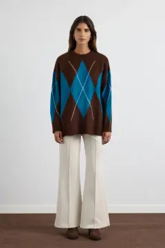 KADRİYE BAŞTÜRK BAKLAVA DESENLİ TRİKO KAZAK KAHVE