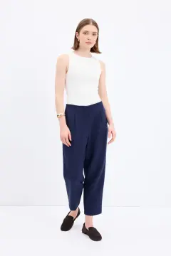Yüksek Bel Düz Kesim Krep Pantolon Lacivert