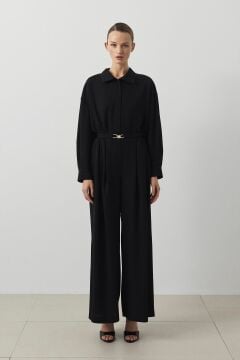 TERZİ DÜKKANI GOLD DÜĞÜM KEMER DETAYLI KREP PANTOLONLU TAKIM SİYAH